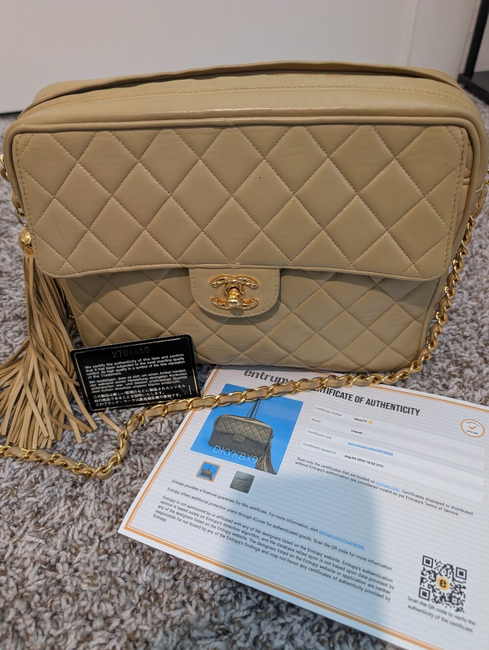 Authentic Chanel Quilted Lambskin Camera Bag in Beige w/ Gold Hardware & Tassel